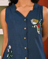 Cotton Midnight Blue Embroidered Sleeveless Co-ord Set